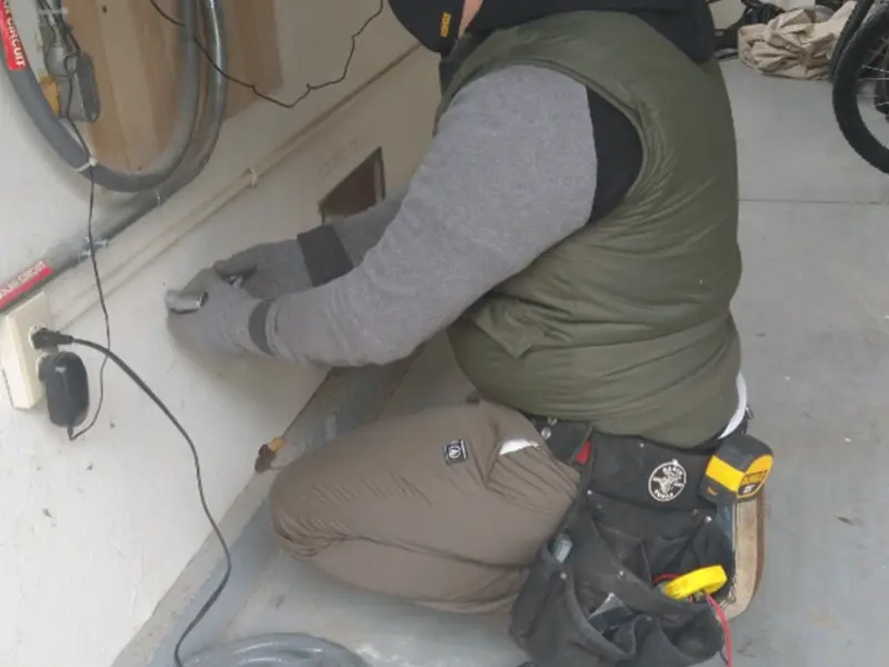 Electrician performing outlet wiring in a Fair Oaks garage